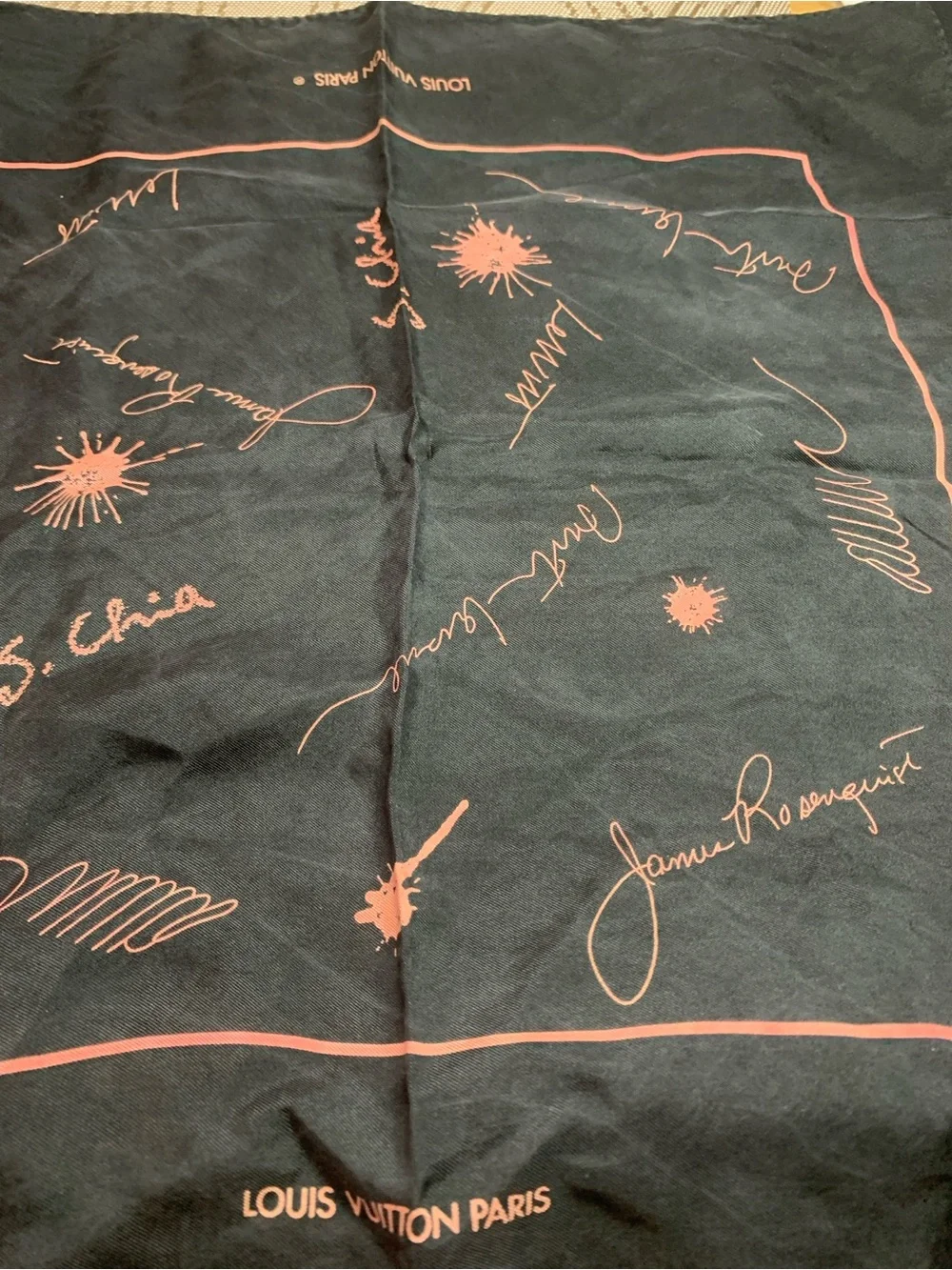 Louis Vuitton Black with Pink Script Print Silk Scarf